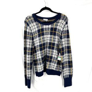 NEW Court & Rowe wool blend plaid knit crew neck sweater academia blue yellow L